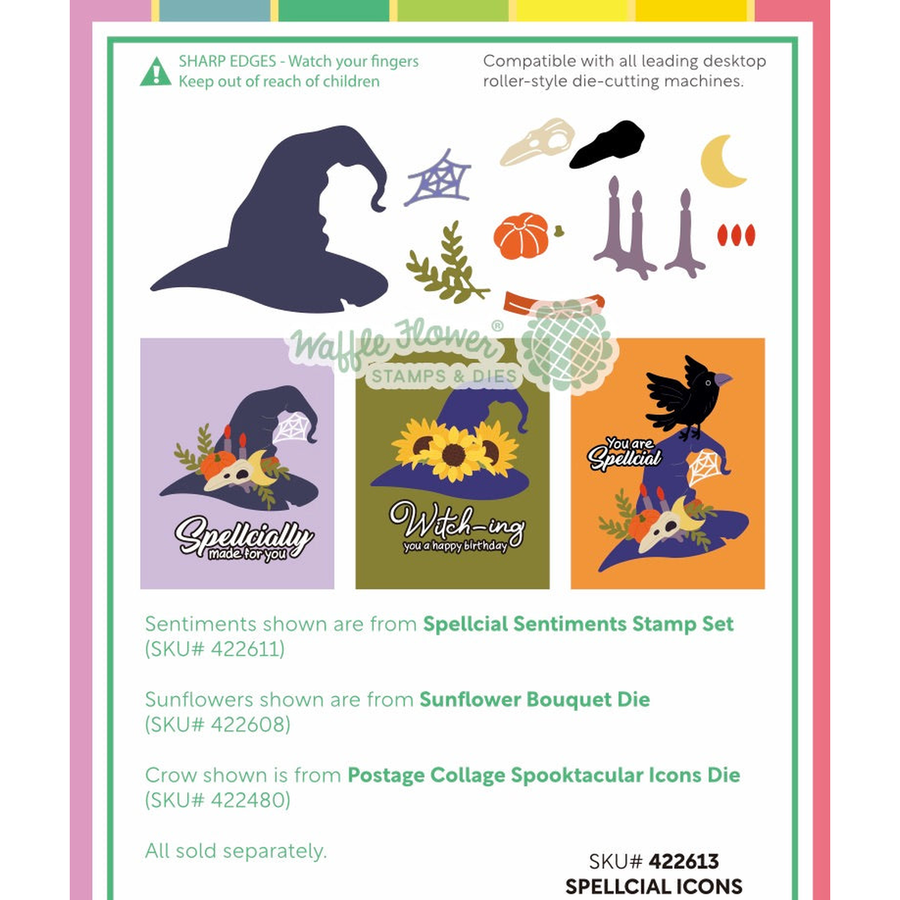 A product information graphic for the Waffle Flower Spellcial Icons Die, showing various die-cut sticker designs featuring witch hats, sunflowers, a crow, and a crescent moon on a white background with colored borders.