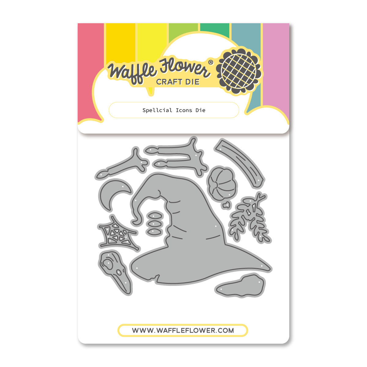 Waffle Flower Craft Die 'Spellcial Icons Die' featuring a set of gray metal cutting templates for a witch hat, spider, skull, and other spooky motifs, presented on its colorful retail backing card.