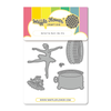 Waffle Flower Craft Die 'Ballerina Music Box Die' sheet showing gray metal cutout shapes of a ballerina, music box, tutu, and small decorative pieces on a white backing card with colorful branding.
