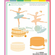 Waffle Flower design sheet featuring ballerina dancers and music boxes, with product text 'Ballerina Music Box' and SKU number 422614 at the bottom.
