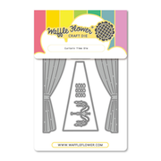 Waffle Flower Craft Die 'Curtain Time Die' in its retail packaging, featuring gray metal curtain-shaped dies on a white backing card with a colorful header.