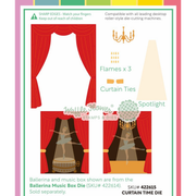 A product information sheet for a 'Curtain Time' die set by Waffle Flower. The sheet features illustrations of red stage curtains, ballerina dancers in opera boxes, a chandelier, and spotlight effects, along with text detailing the contents and compatibility with desktop die-cutting machines.