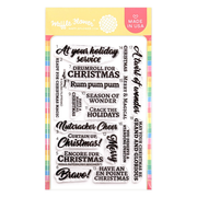 Waffle Flower Nutcracker Sentiments Stamp Set featuring Christmas-themed black script and block lettering phrases like 'At your holiday service', 'Drumroll for Christmas', and 'Merry Christmas' on a white backing card with pastel striped borders.