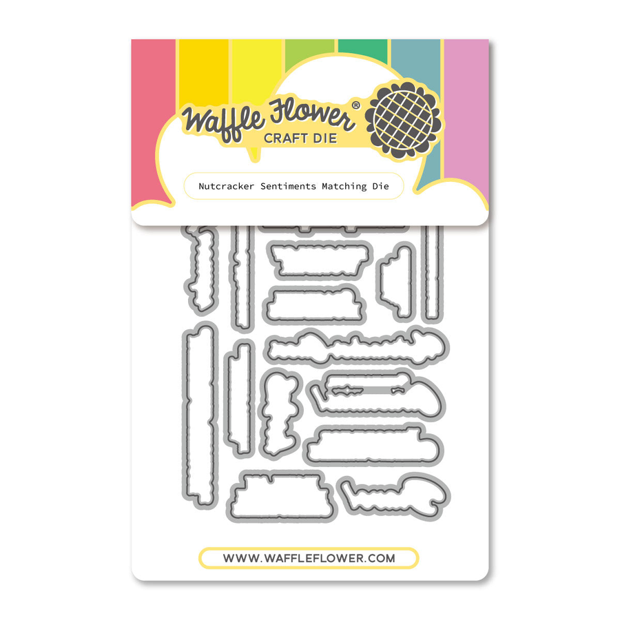 Waffle Flower Craft Die 'Nutcracker Sentiments Matching Die' in its retail packaging, featuring metal cutting dies on a white backing card with a colorful header.