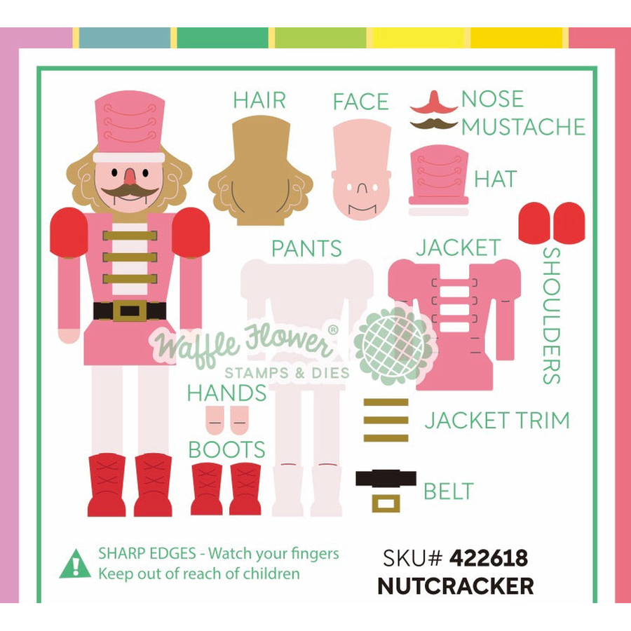 A flat lay sheet of Waffle Flower paper craft stamps and dies for making a nutcracker, showing all cut pieces labeled with names like hair, face, hat, jacket, boots, and hands on a white background with a colorful border.