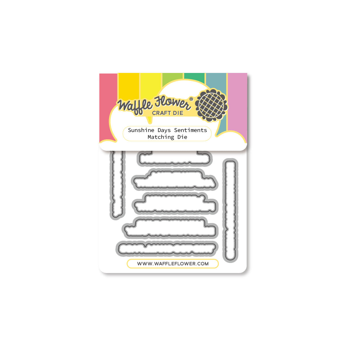 Waffle Flower Craft Die set for 'Sunshine Days Sentiments Matching Die' on a white background. The package contains multiple metal cutting dies arranged on a white backing card with a colorful header.