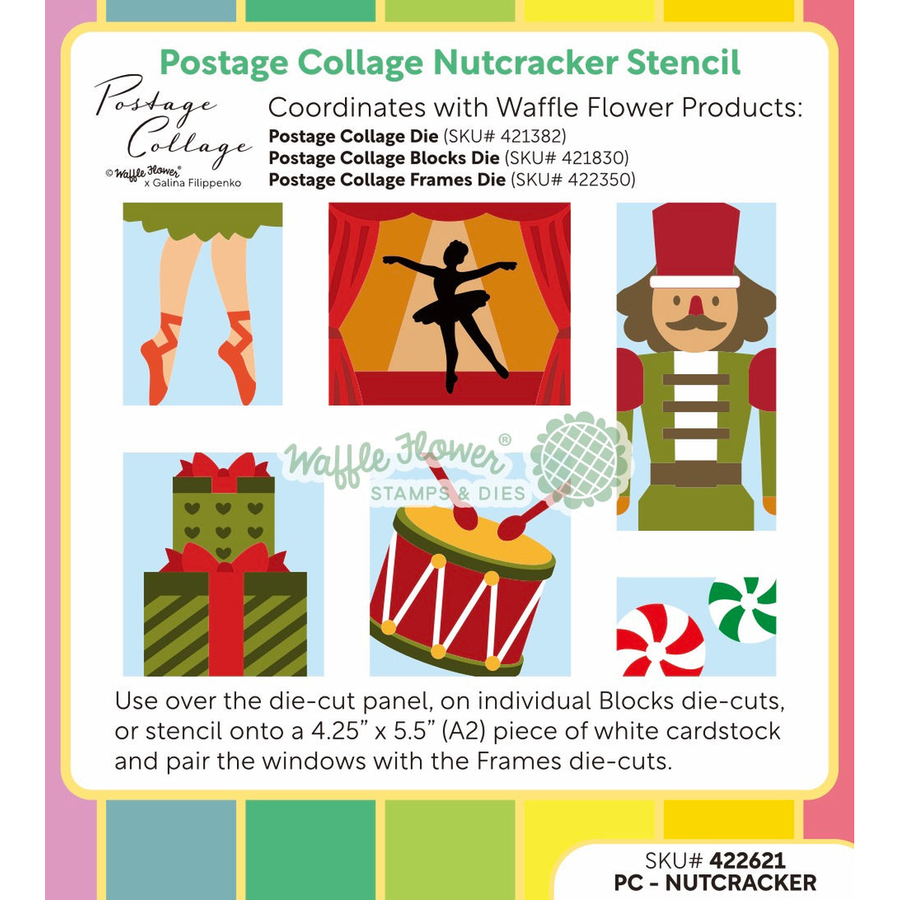 A postage collage nutcracker stencil product card from Waffle Flower, showing illustrated design elements including a ballerina, nutcracker, gift box, drum, candy canes, and text describing use over a die-cut panel on white cardstock.