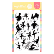 Waffle Flower Postage Collage Ballerina Silhouettes Stamp Set featuring black silhouette designs of ballet dancers, musicians, and music notes on a white backing, with a yellow header card and colorful striped border.