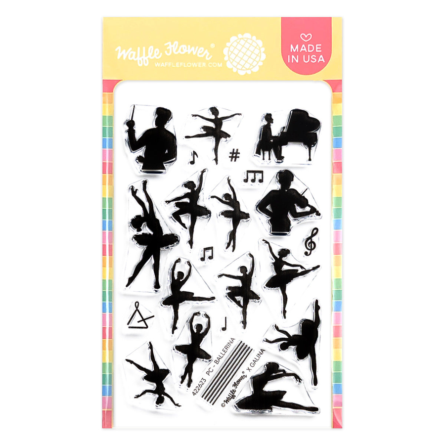 Waffle Flower Postage Collage Ballerina Silhouettes Stamp Set featuring black silhouette designs of ballet dancers, musicians, and music notes on a white backing, with a yellow header card and colorful striped border.
