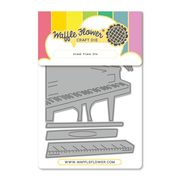 Waffle Flower Craft Die set for making a grand piano, featuring gray piano-shaped metal dies on a white backing card with a colorful header.