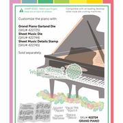 A product information card featuring a gray and black grand piano illustration with a pink garland and sheet music examples. Text lists included dies and stamps, SKUs, and the brand Wallie Flower.