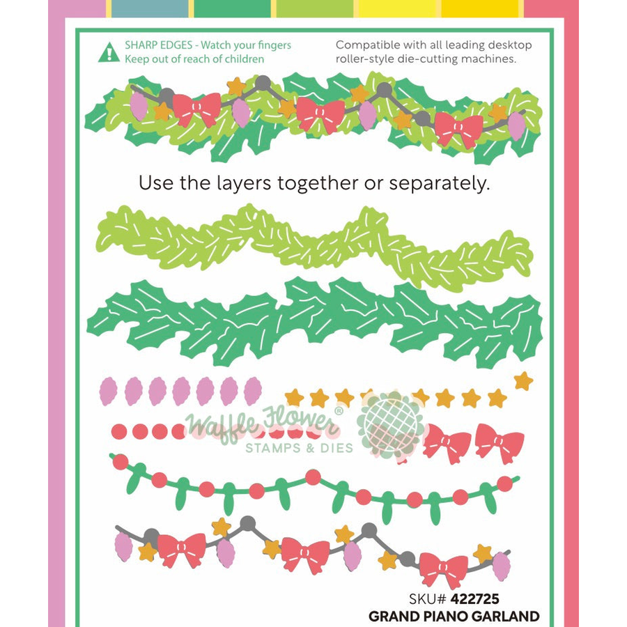 A product sheet for 'Grand Piano Garland' stamps and dies by Waffle Flower Stamps & Dies, showing multiple layered garland designs in green, pink, red, yellow, and purple on a white background with a pink border.