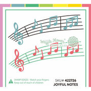 A product graphic for 'Joyful Notes' by Waffle Flower, featuring musical notes on staff lines in light blue and pink on a white background with a pink and green border.
