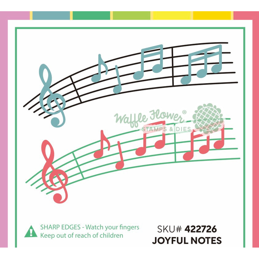 A product graphic for 'Joyful Notes' by Waffle Flower, featuring musical notes on staff lines in light blue and pink on a white background with a pink and green border.