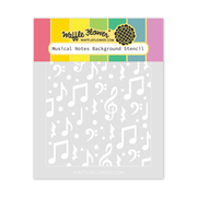 Waffle Flower Musical Notes Background Stencil, featuring a colorful header with a rainbow stripe pattern and a large clear stencil area showing white musical notes on a light gray background.