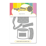Waffle Flower Craft Die 'Happy Drum Die' set in its retail packaging, featuring gray metal cutting dies for a drum and drum hardware on a white card with a colorful header.