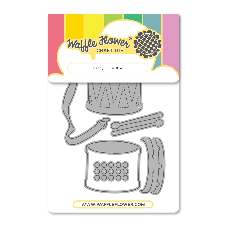 Waffle Flower Craft Die 'Happy Drum Die' set in its retail packaging, featuring gray metal cutting dies for a drum and drum hardware on a white card with a colorful header.