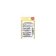 A single sheet of clear stamps with printed sentiment phrases, shown on a plain white background. The sheet has a yellow header card with the brand name 'Waffle Flower' and is called Ballerina Sentiments Stamp Set.