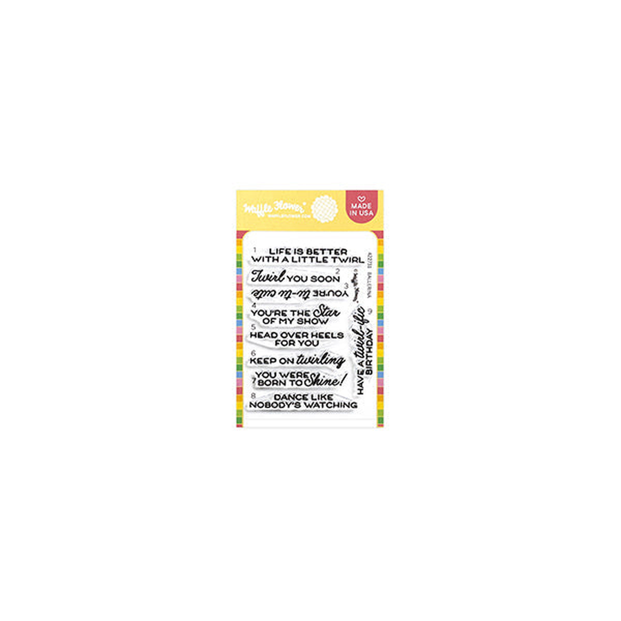A single sheet of clear stamps with printed sentiment phrases, shown on a plain white background. The sheet has a yellow header card with the brand name 'Waffle Flower' and is called Ballerina Sentiments Stamp Set.