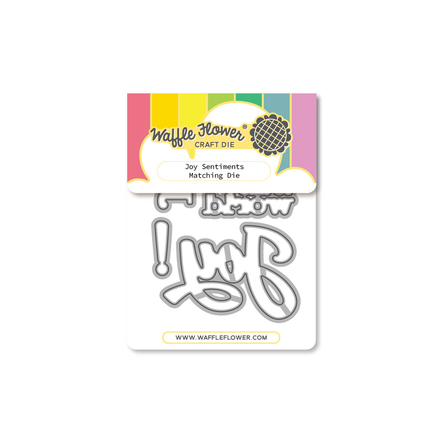 Waffle Flower Craft Die 'Joy Sentiments Matching Die' featuring two metal cutting dies on a white backing card with colorful branding.