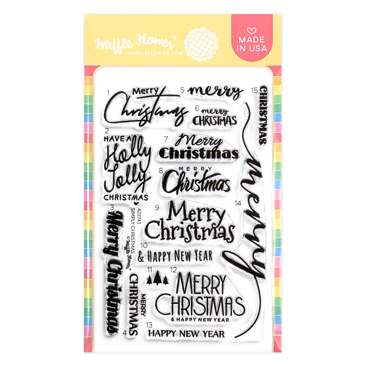 Waffle Flower Clear Stamp sheet called 'Simply Christmas' featuring various black Christmas and holiday-themed phrases like 'Merry Christmas' and 'Happy New Year' on a white backing card with a pastel rainbow border.