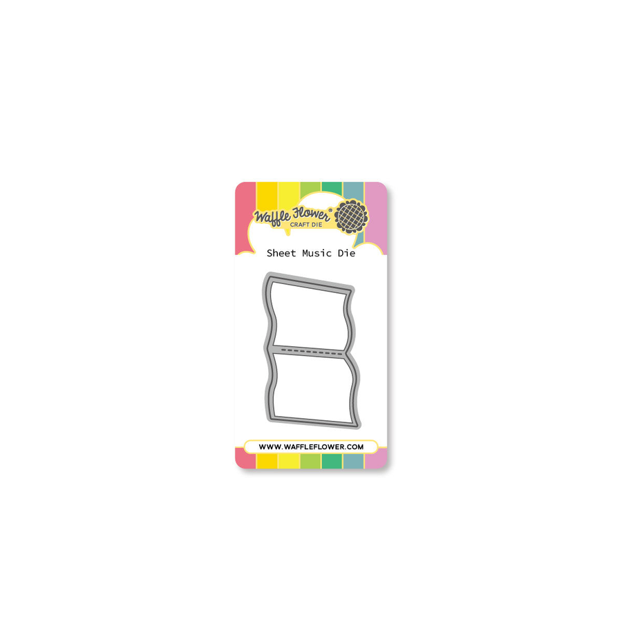 A packaged craft die set from Waffle Flower Crafts, featuring a 'Sheet Music Die' on a white backing card with colorful striped borders and the brand logo at the top.