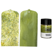 Two green textured tags and a small jar labeled 'Ludy's Magical Shakers Moss Boss' on a plain white background.