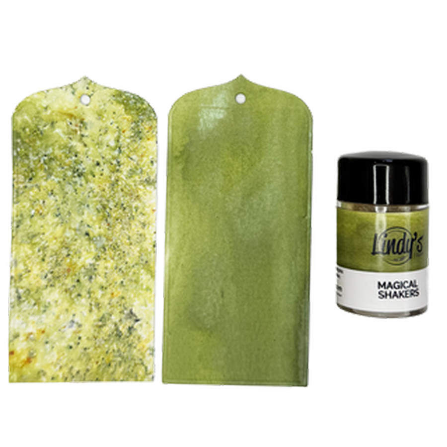 Two green textured tags and a small jar labeled 'Ludy's Magical Shakers Moss Boss' on a plain white background.
