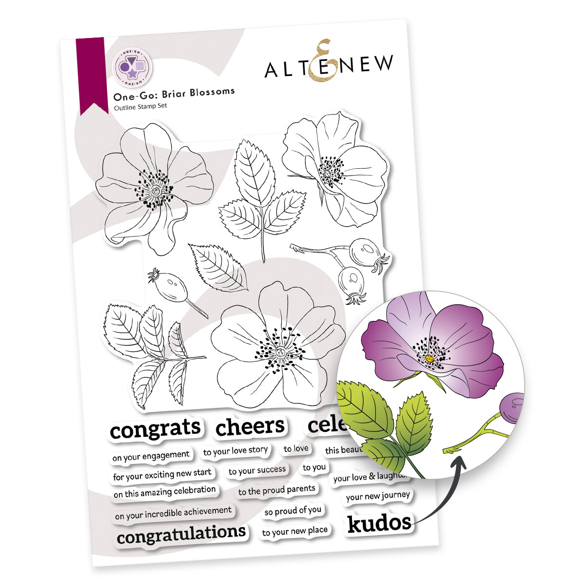 Clear stamp set with floral designs and sentiments on a white background from Altenew called One-Go: Briar Blossoms Stamp Set