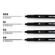 Set of black fine line markers with their respective tip sizes on a white background