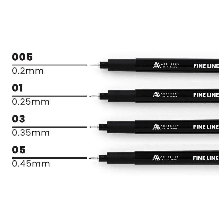 Set of black fine line markers with their respective tip sizes on a white background