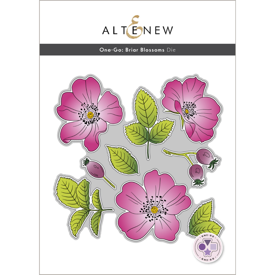 Altenew One-Go: Briar Blossoms Die set, featuring pink and green illustrated flower and leaf shapes on a white card with the Altenew logo at the top.