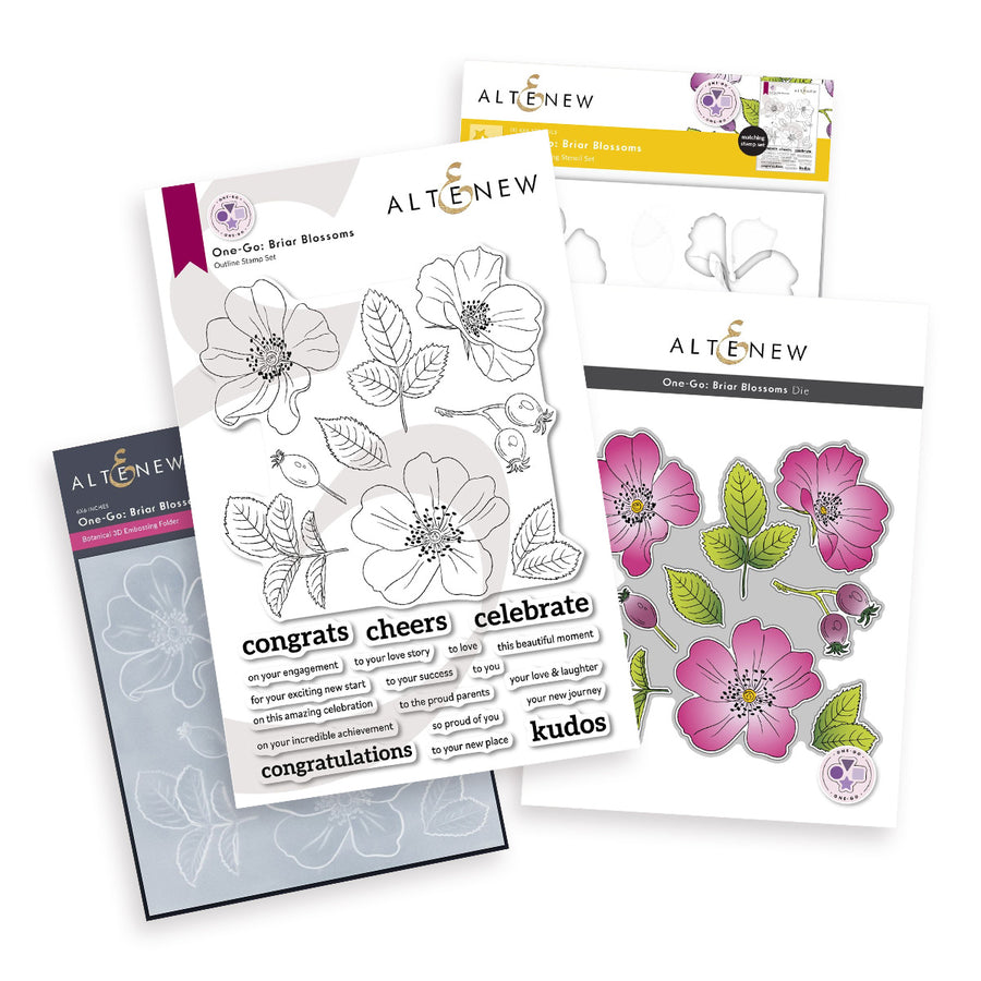 Altenew One Go: Brier Blossoms bundle featuring stamps, dies, stencils and embossing folder that all coordinate with each other