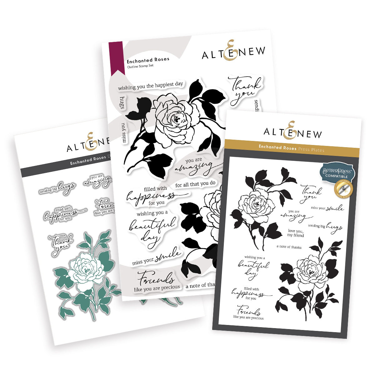 Altenew - Enchanted Roses Bundle which includes coordinating stamps, dies and press plates