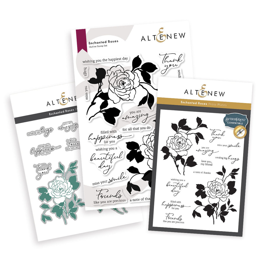Altenew - Enchanted Roses Bundle which includes coordinating stamps, dies and press plates
