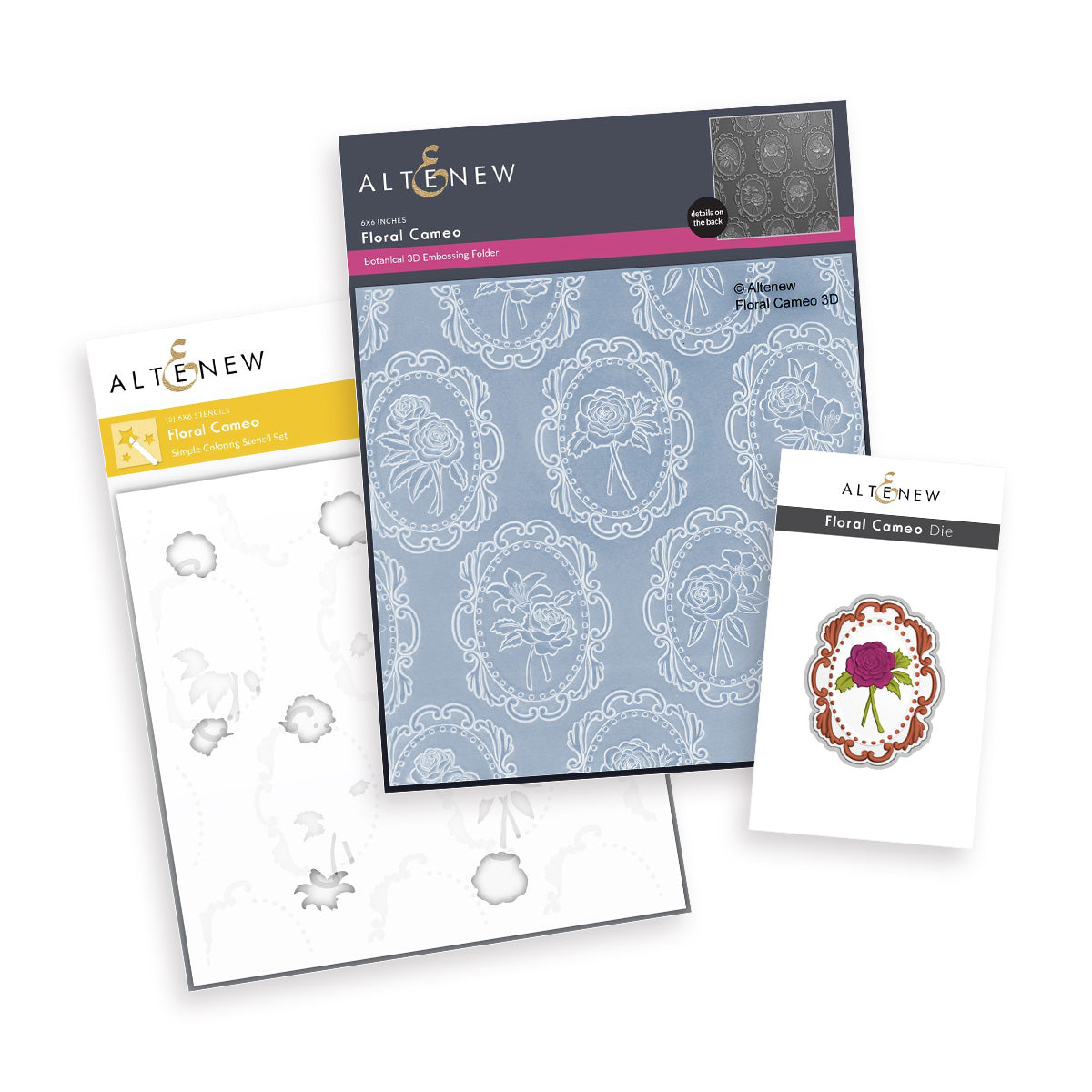 Altenew - Floral Cameo Bundle which includes coordinating embossing folder, stencils, and die