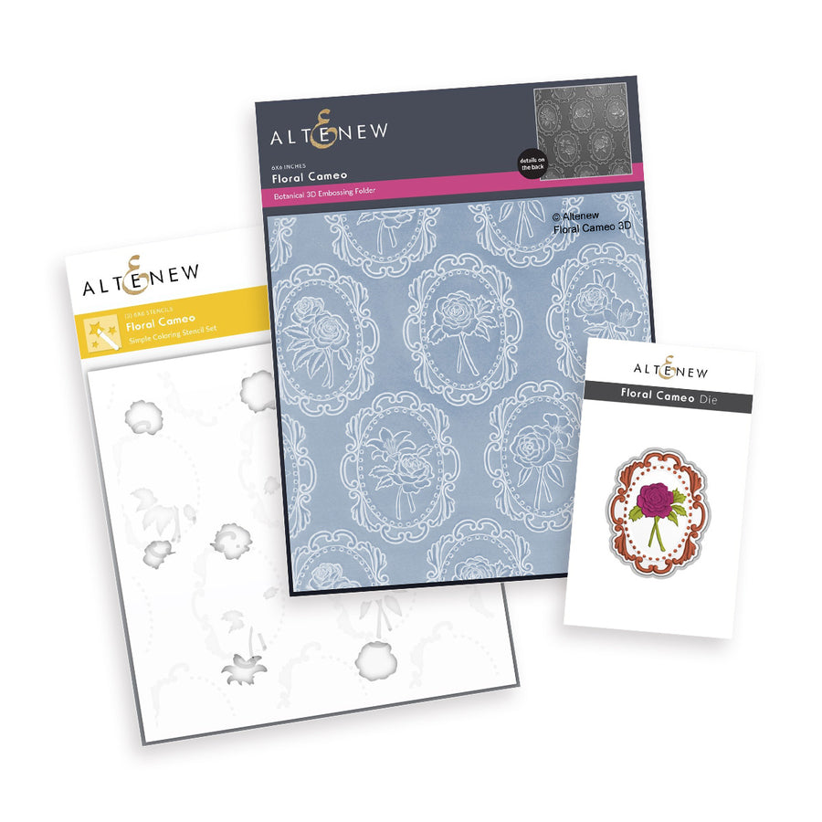 Altenew - Floral Cameo Bundle which includes coordinating embossing folder, stencils, and die