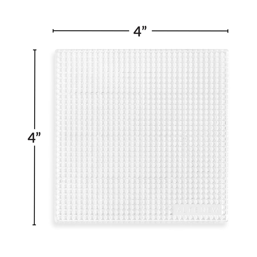 A square white textured mat shown on a white background with black dimension lines and labels indicating 4 inches by 4 inches. Altenew The Original Sticky Coaster: 4" x 4" (Classic Grid)