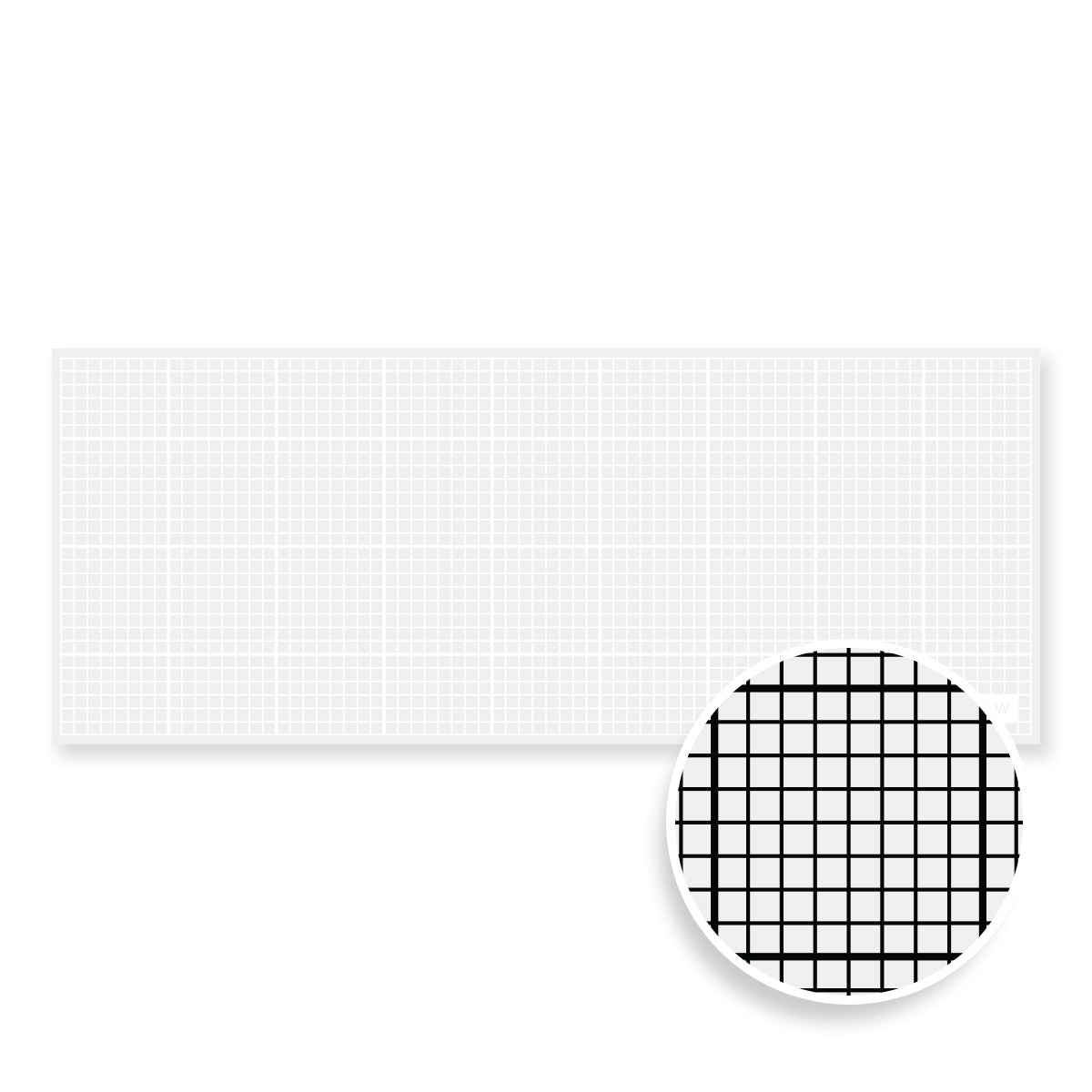 A rectangular white mat with a fine light grid pattern, shown on a white background with a circular inset highlighting a closer view of the black-and-white grid texture. Altenew The Original Mini Sticky Mat: 9" x 3.5" (Classic Grid)