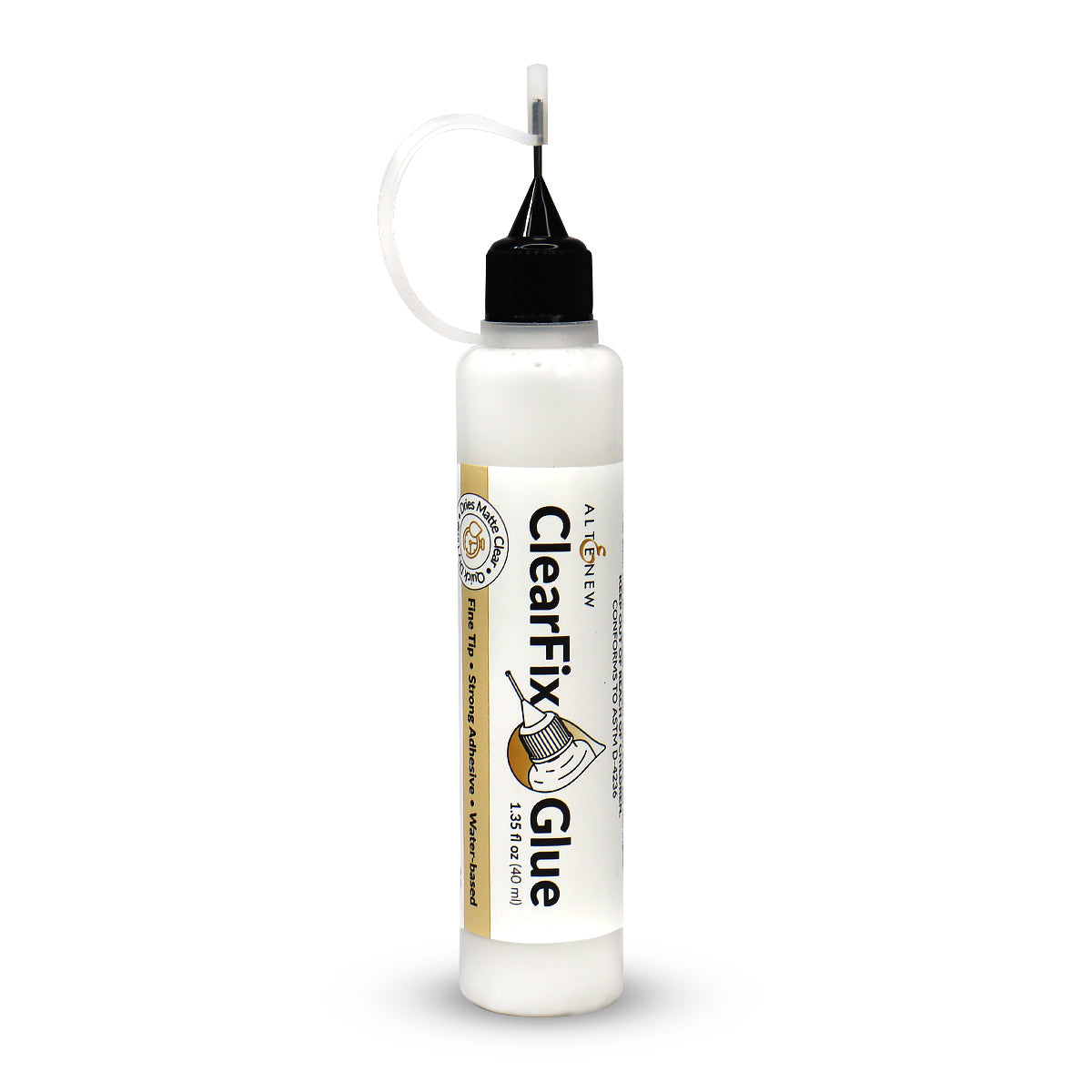 A bottle of Altenew ClearFix Glue with a white body, black cap, clear plastic applicator loop, and a white label with gold accents, shown on a white background with a soft shadow.