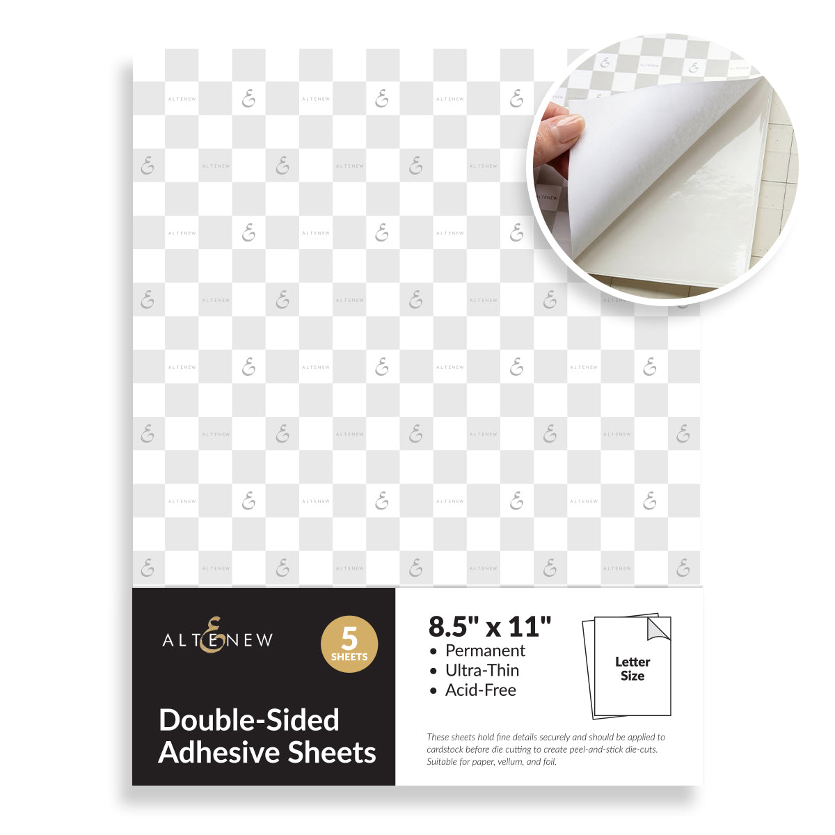 A sheet of double-sided adhesive paper sheets with a light gray and white checkerboard pattern, shown on a white background with a black label at the bottom and a circular inset demonstrating the peel-back side.