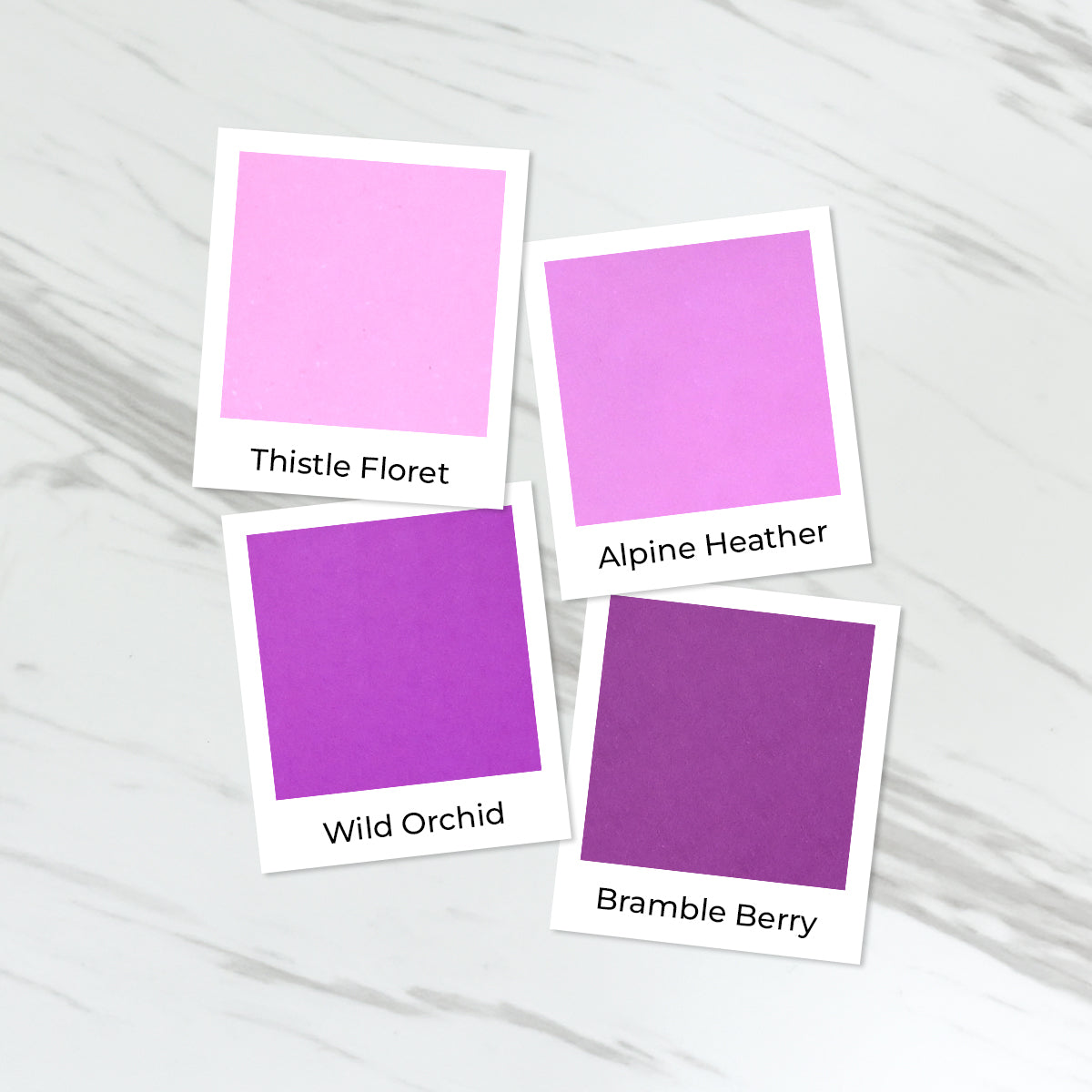 Four Polaroid-style color cards labeled Thistle Floret, Alpine Heather, Wild Orchid, and Bramble Berry arranged on a light gray marble surface. Altenew Highland Flora Fresh Dye Ink Mini Pods
