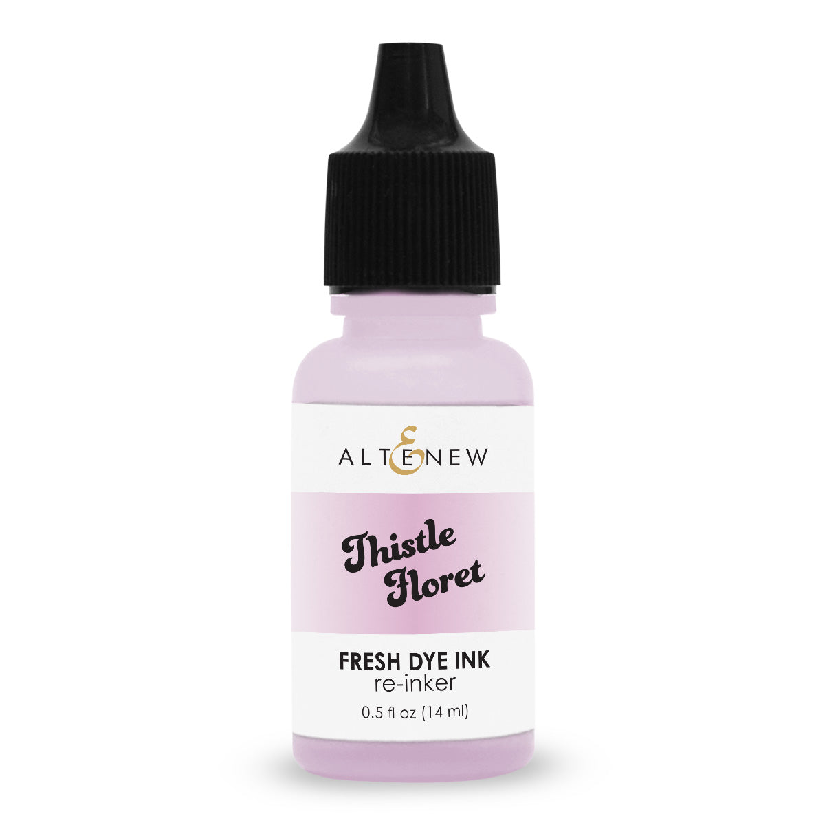 An Altenew Thistle Floret fresh dye ink re-inker bottle with a black cap and a white label featuring a light pink band, on a white background.