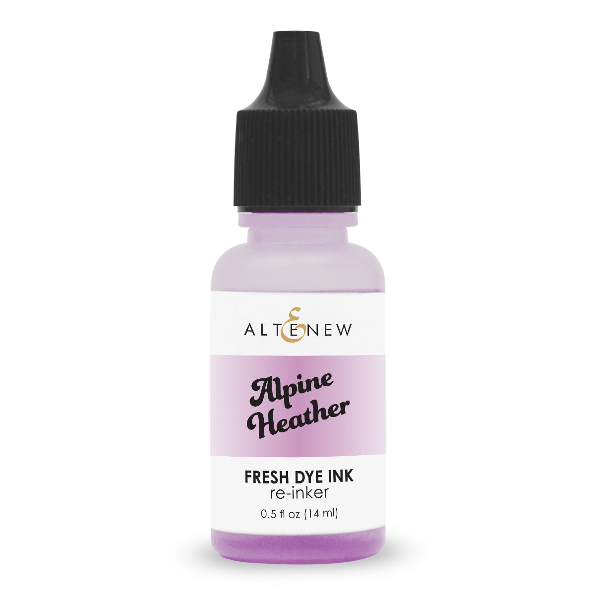 A bottle of Altenew Alpine Heather Fresh Dye Ink re-inker, featuring a light lavender purple liquid inside a clear bottle with a black cap and a white label.