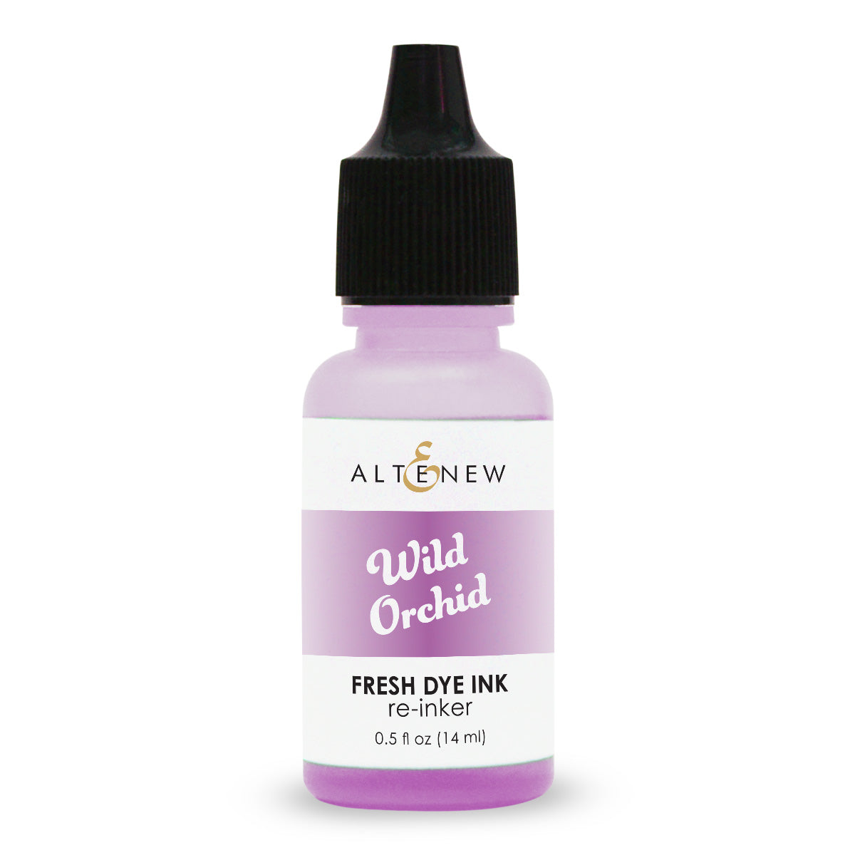 An Altenew Wild Orchid fresh dye ink bottle with a black cap and a lavender purple label, shown on a white background.