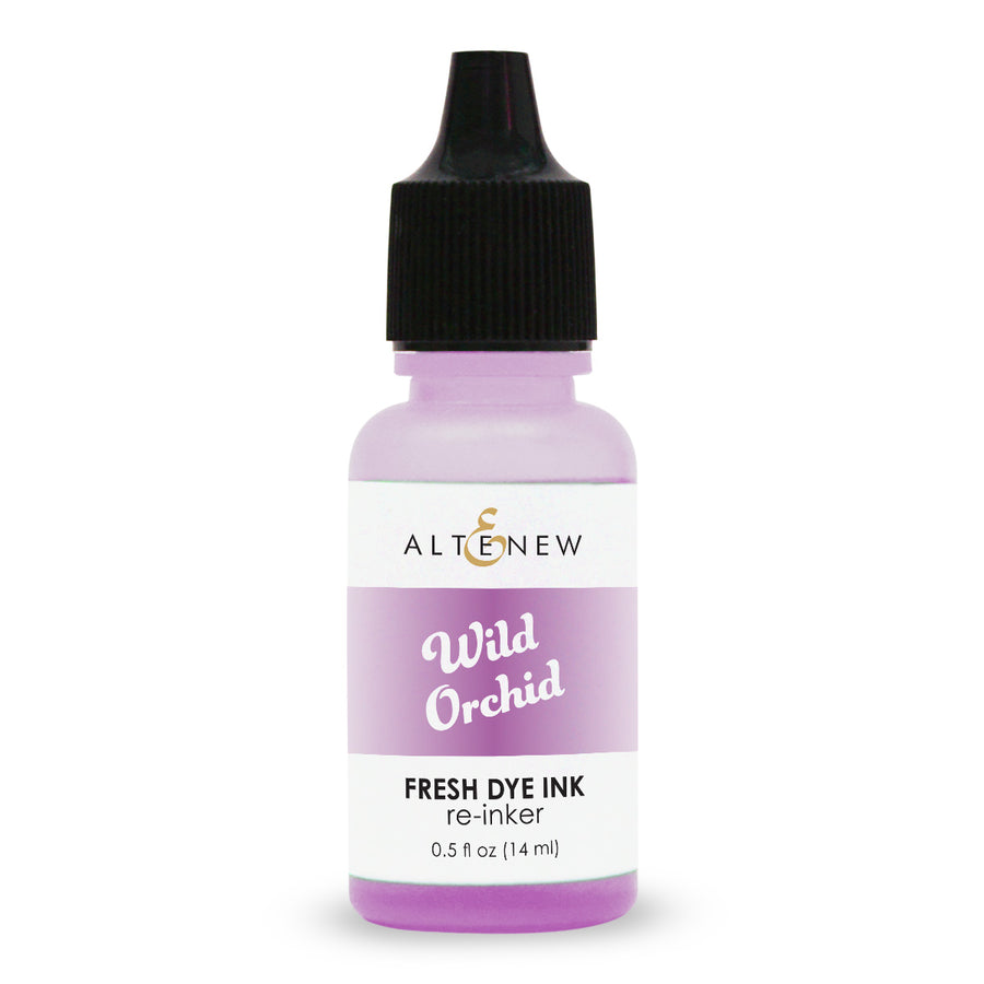 An Altenew Wild Orchid fresh dye ink bottle with a black cap and a lavender purple label, shown on a white background.