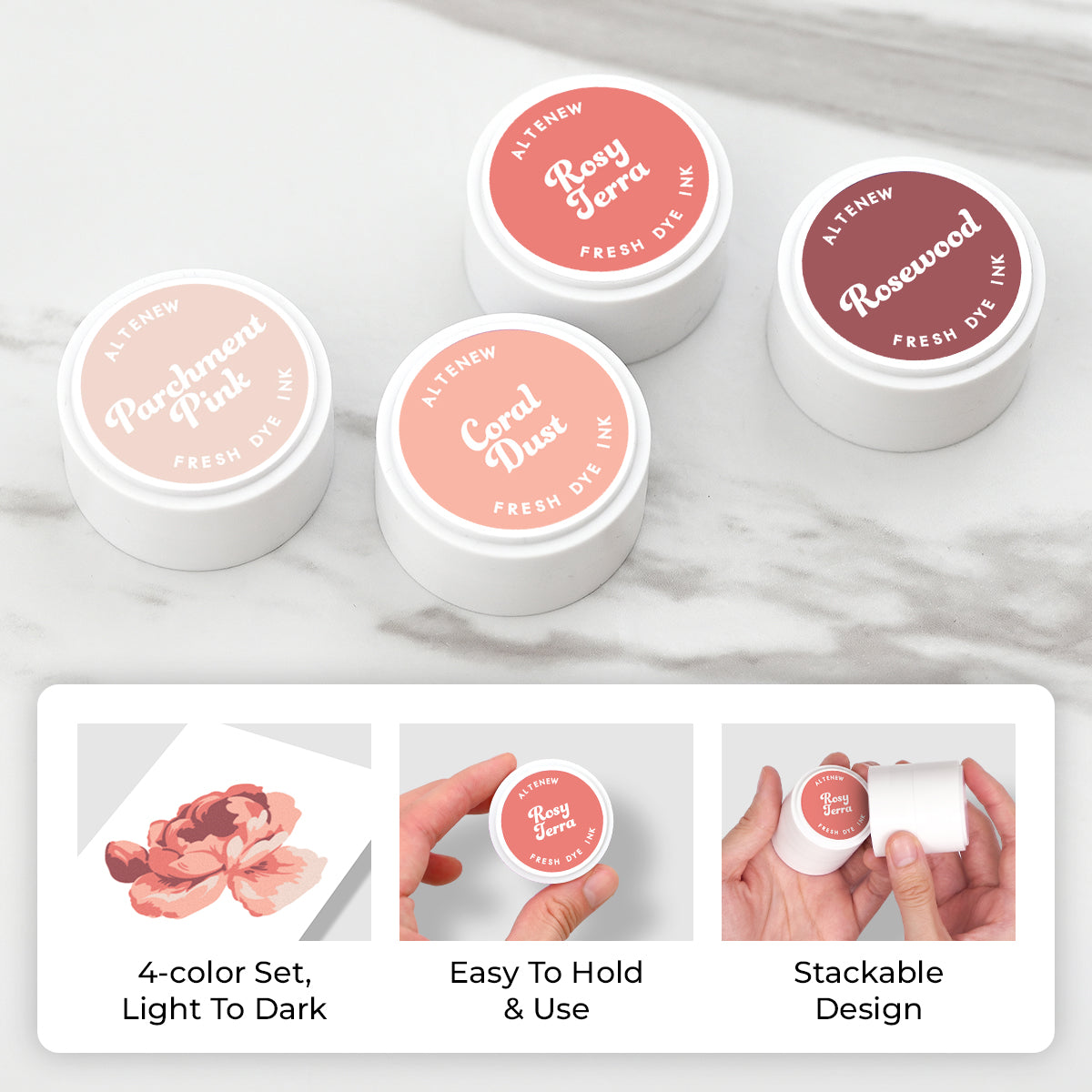 Four small round white mini ink podss arranged on a light marble surface, with three additional pots shown in a feature panel below. The lids are labeled Altenew New shades: Parchment Pink, Rosy Terra, Coral Dutk, and Rosewood. Altenew Vintage Study Fresh Dye Ink Mini Pods