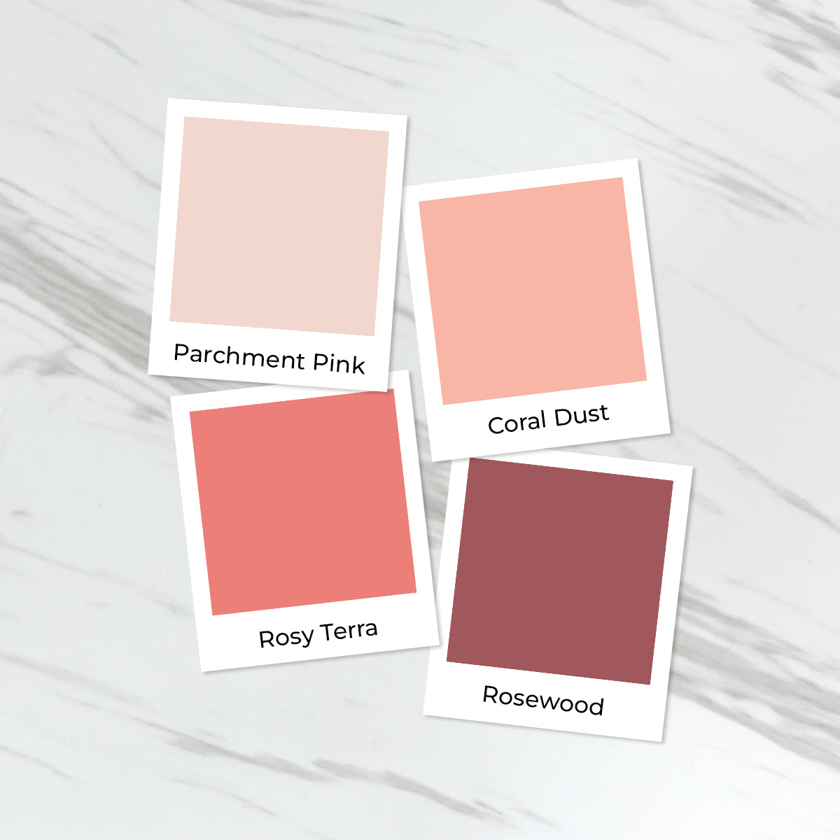 Four square color swatches labeled Parchment Pink, Coral Dust, Rosy Terra, and Rosewood arranged on a light marble background. Altenew Vintage Study Fresh Dye Ink Mini Pods