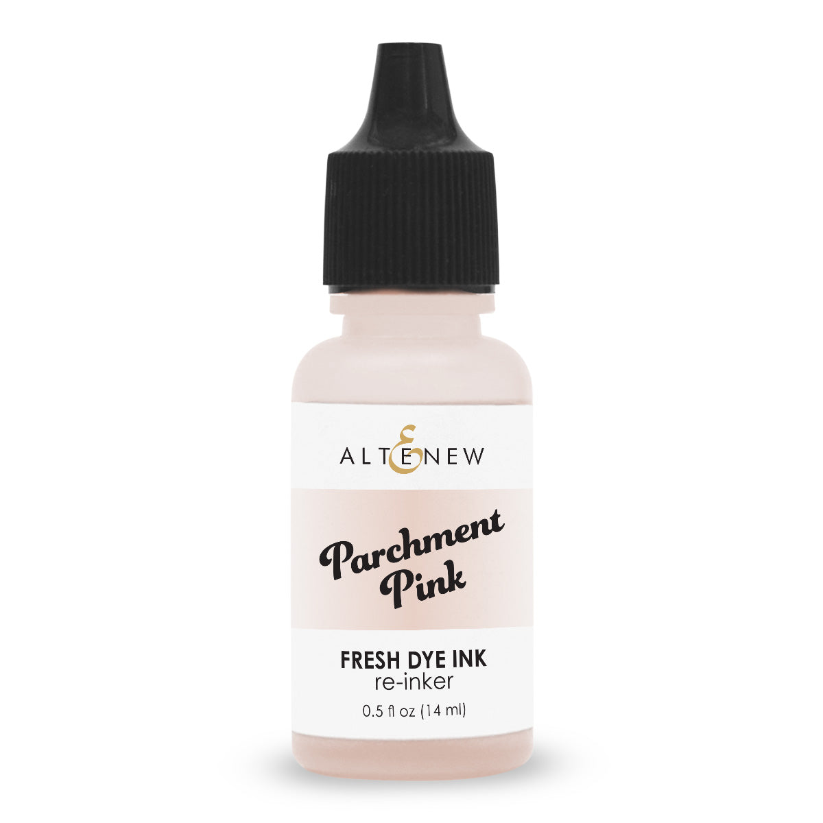 An Altenew Fresh Dye Ink bottle in the shade Parchment Pink, featuring a black dropper cap and a white label with black text, set against a plain white background.