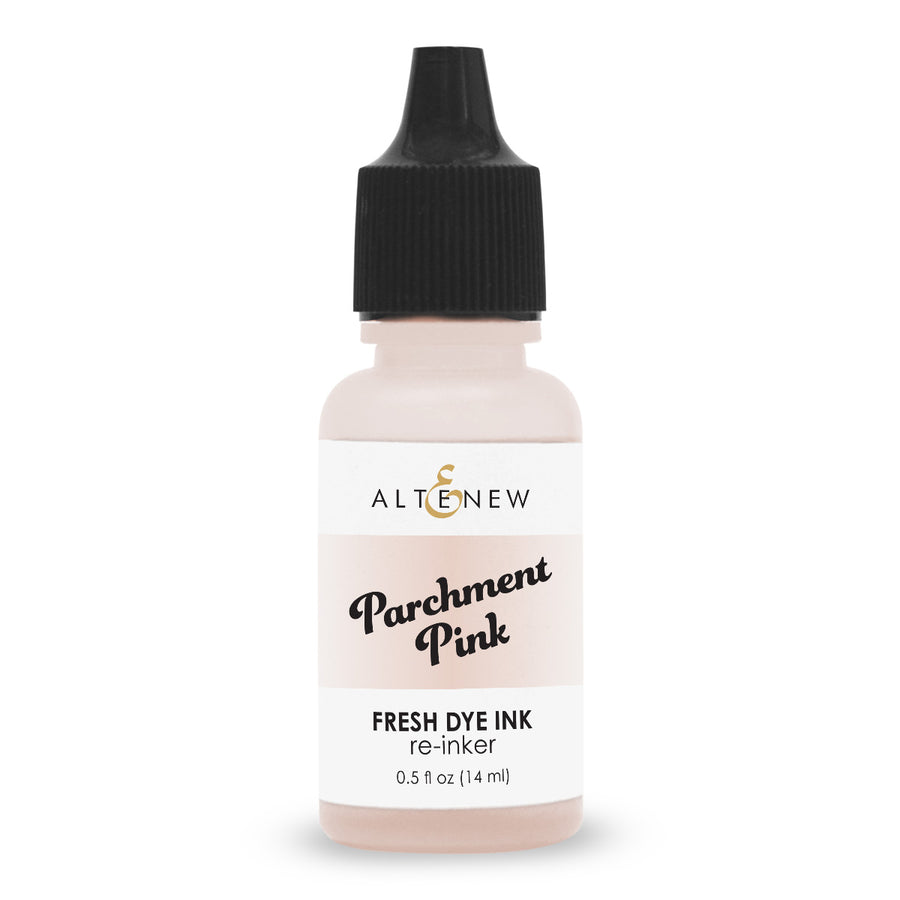 An Altenew Fresh Dye Ink bottle in the shade Parchment Pink, featuring a black dropper cap and a white label with black text, set against a plain white background.